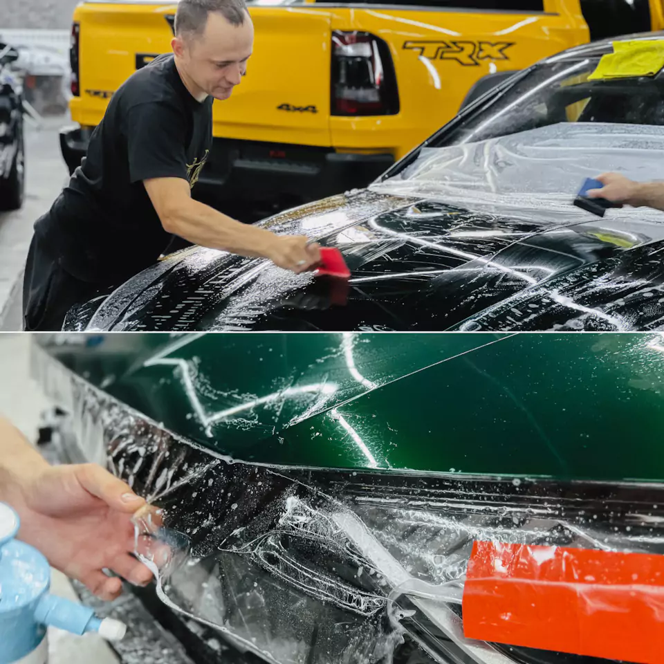 Оклеили Audi A7 изумрудным винилом и защитили полиуретаном, окрасили суппорта с логотипами, провели химчистку и обработали кожу керамикой